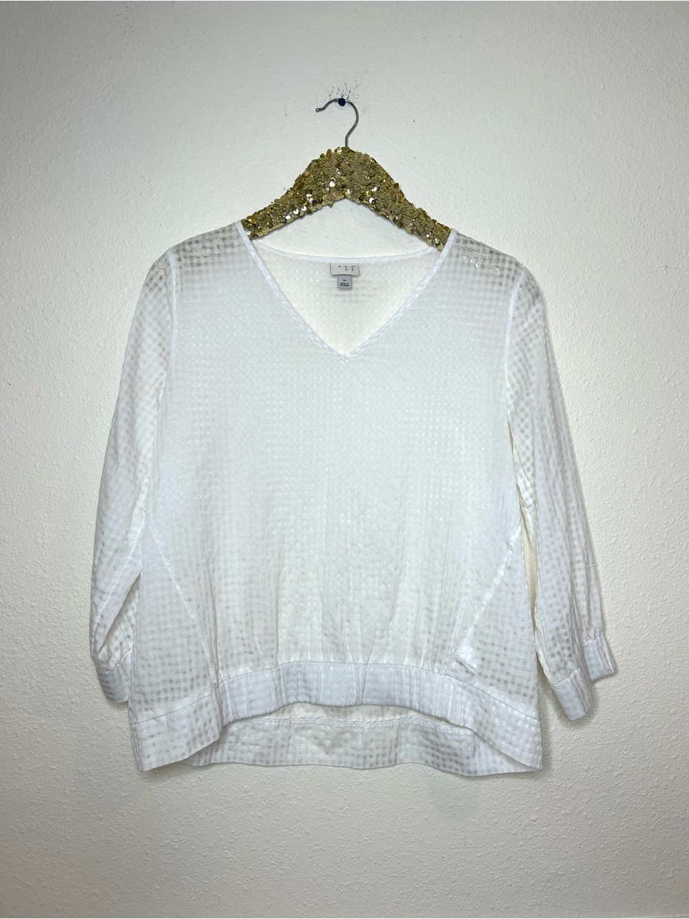 A New Day White Sheer Gingham Check V-Neck Textured Pullover Top M
